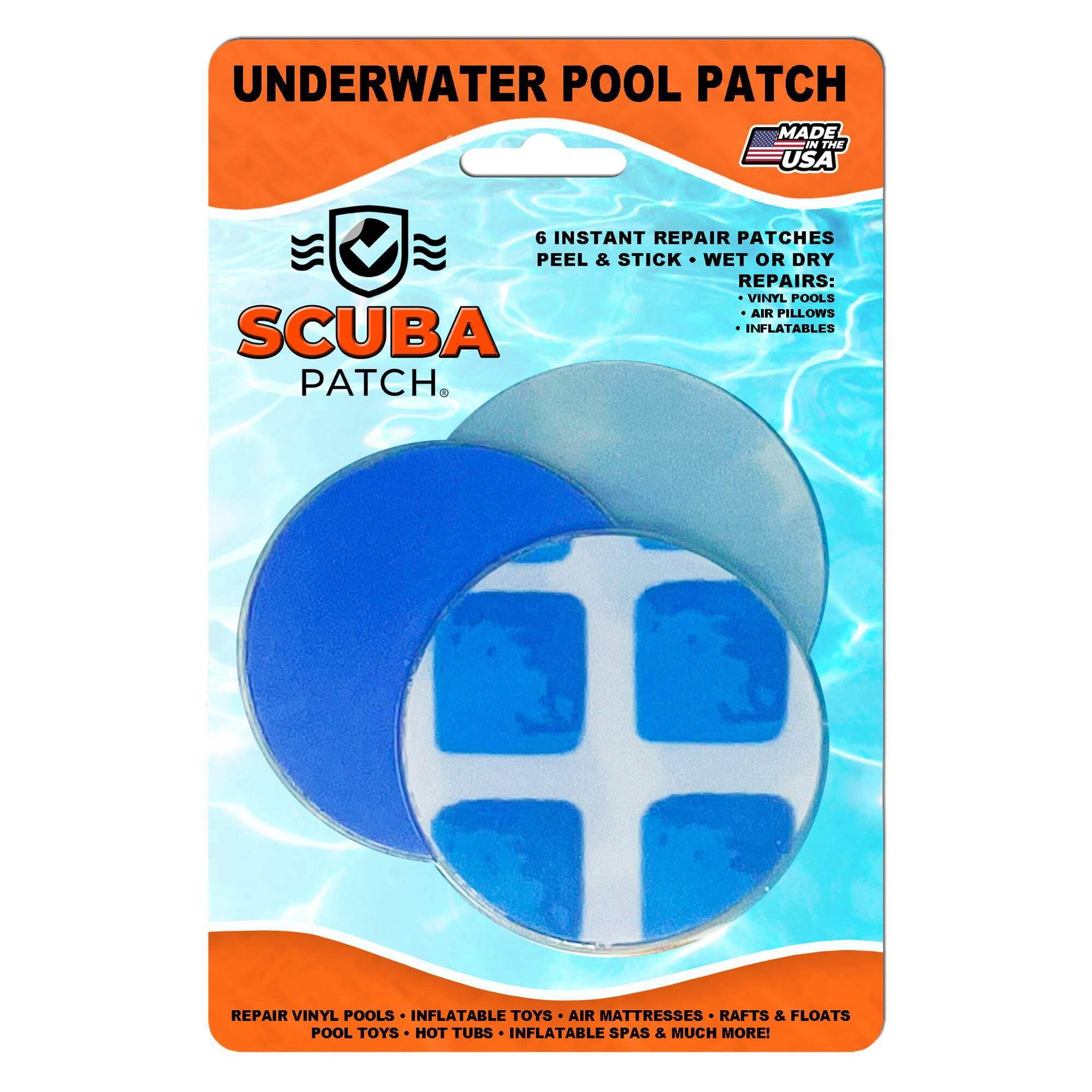 Pool Above Scuba Patch Clear shows discreet vinyl fix with strong adhesion.