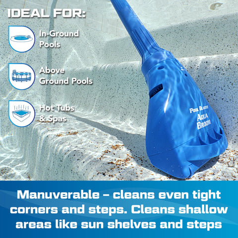 Pool Blaster Aqua Broom XL Ultra in use on spa steps for easy debris removal