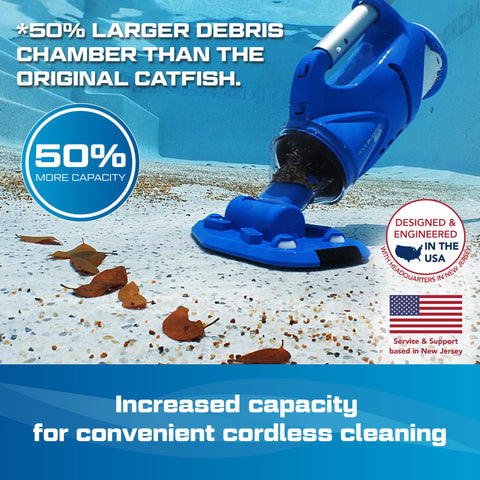 Catfish Gen 2 rechargeable lithium-ion battery delivers up to 45 minutes of cleaning.