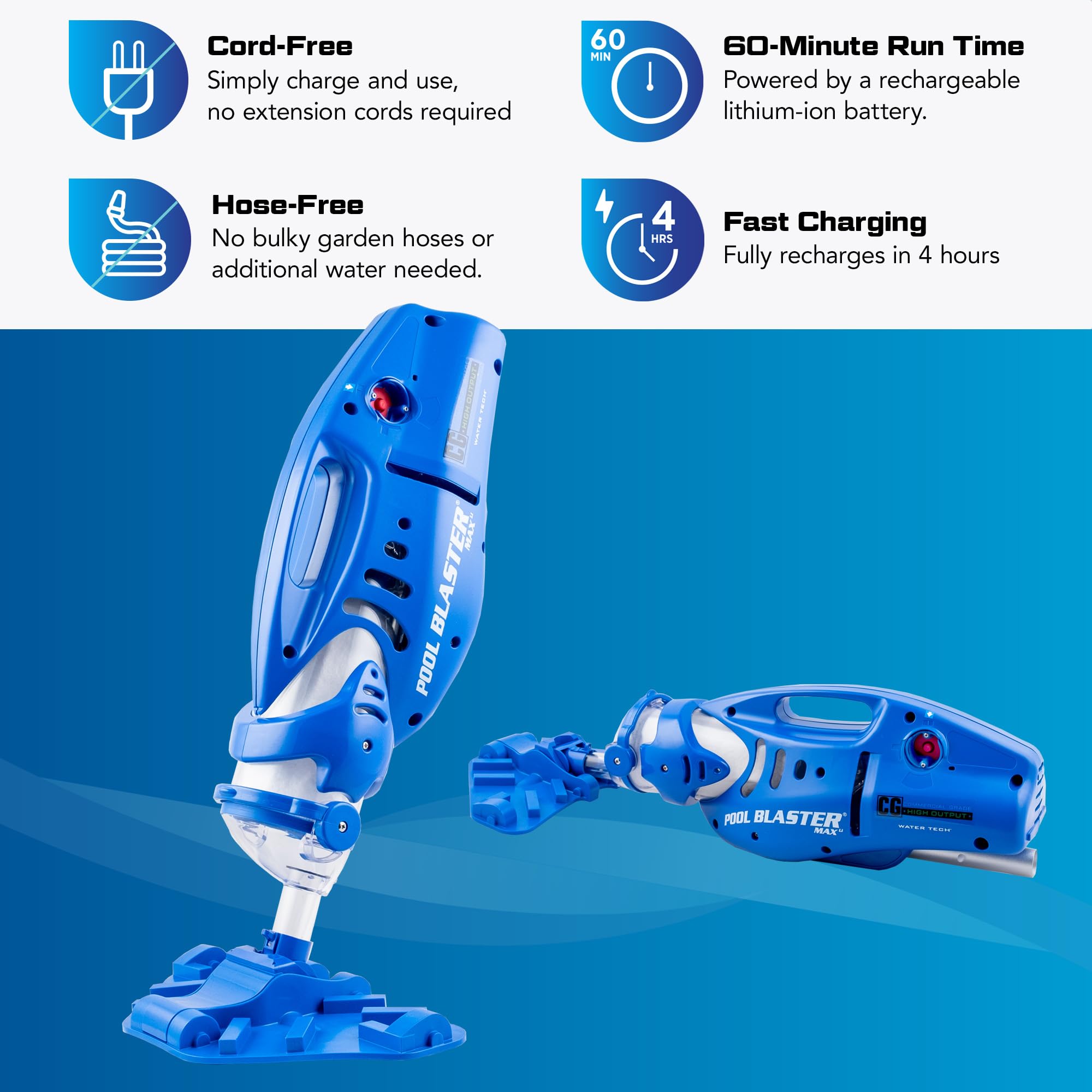 Pool Blaster Max CG wide vacuum head covers large areas quickly.