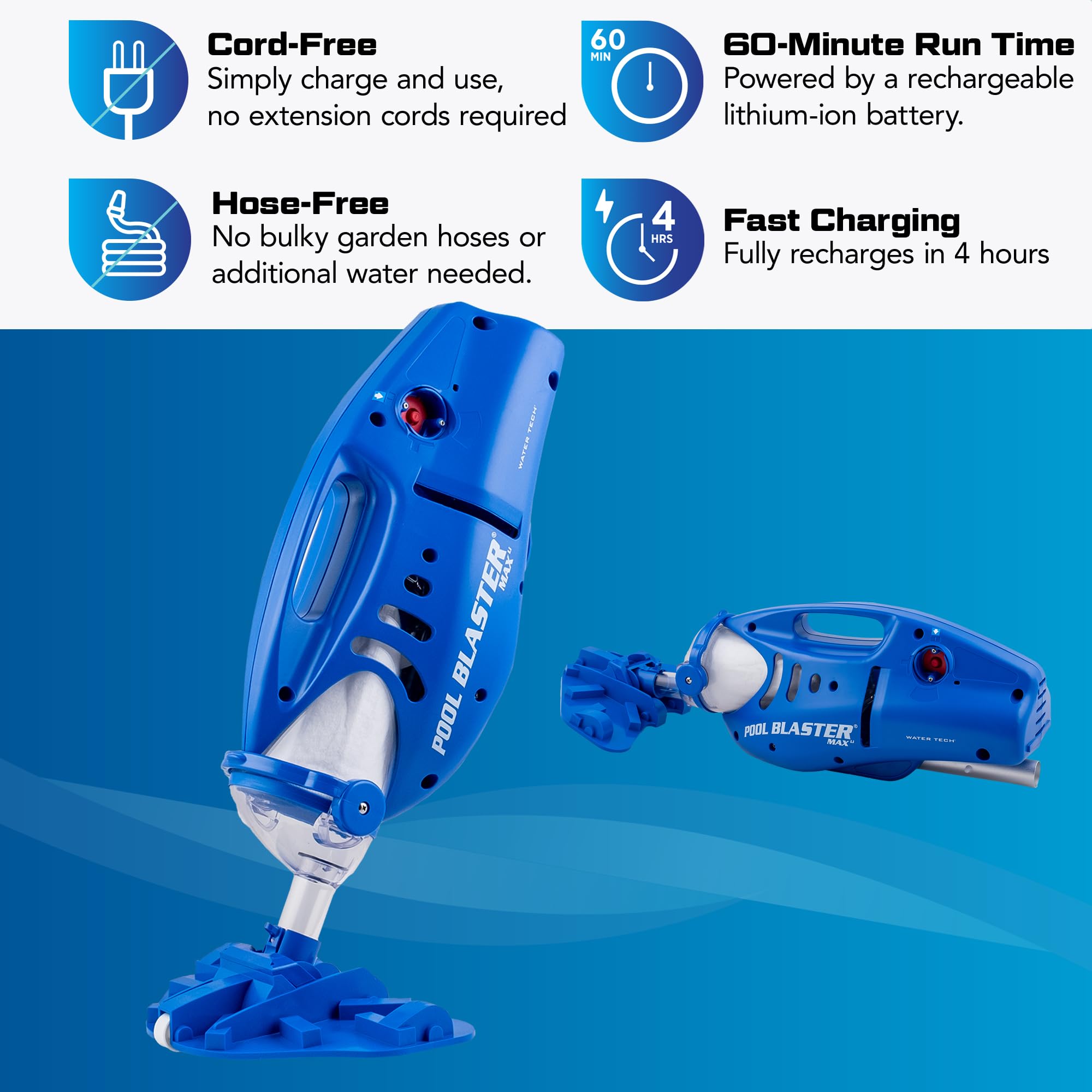 Pool Blaster Max telescopic-pole compatibility lets you reach deep areas easily.