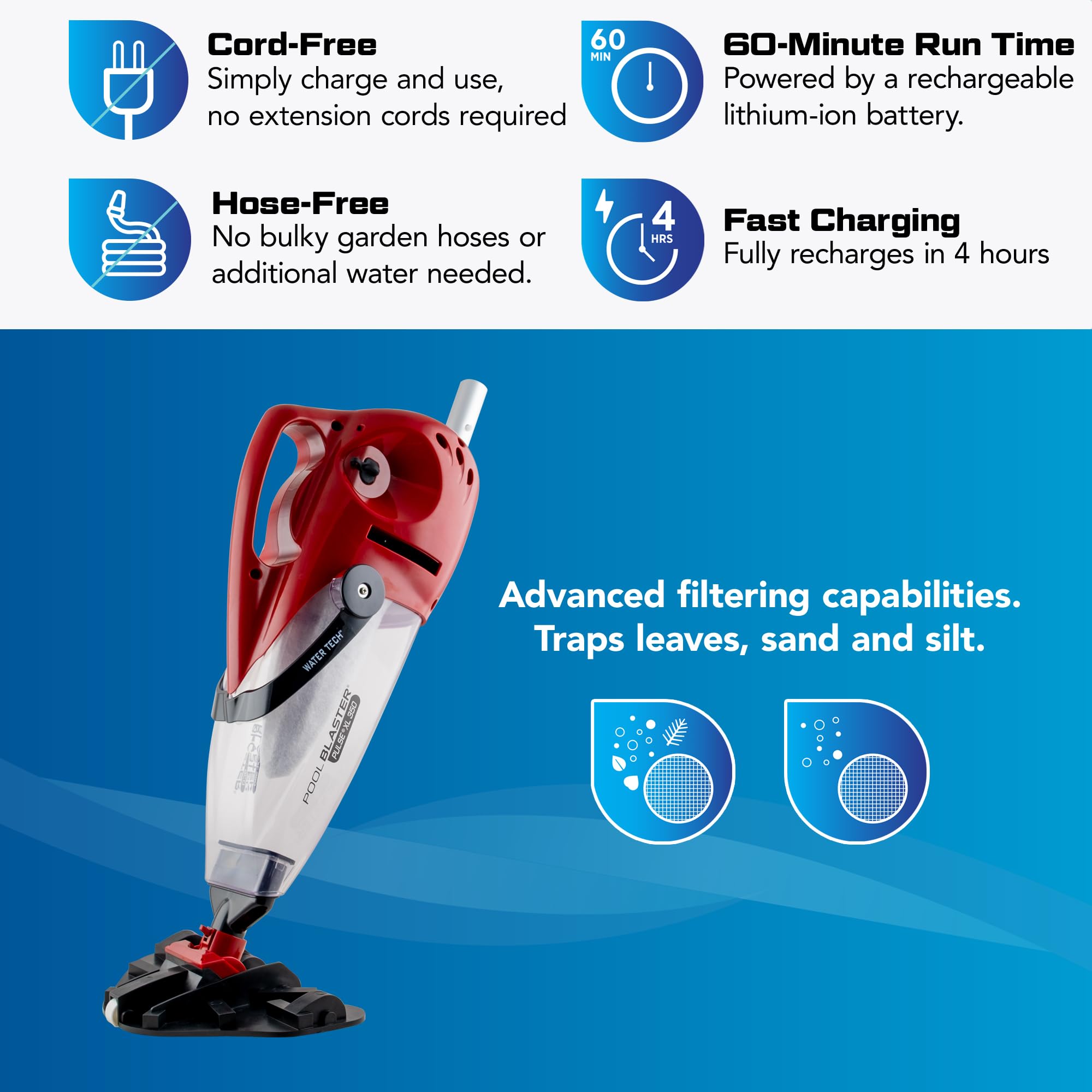 POOL BLASTER Pulse XL 350 60-minute runtime for extended cleaning sessions.