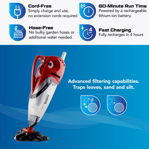 POOL BLASTER Pulse XL 350 60-minute runtime for extended cleaning sessions.