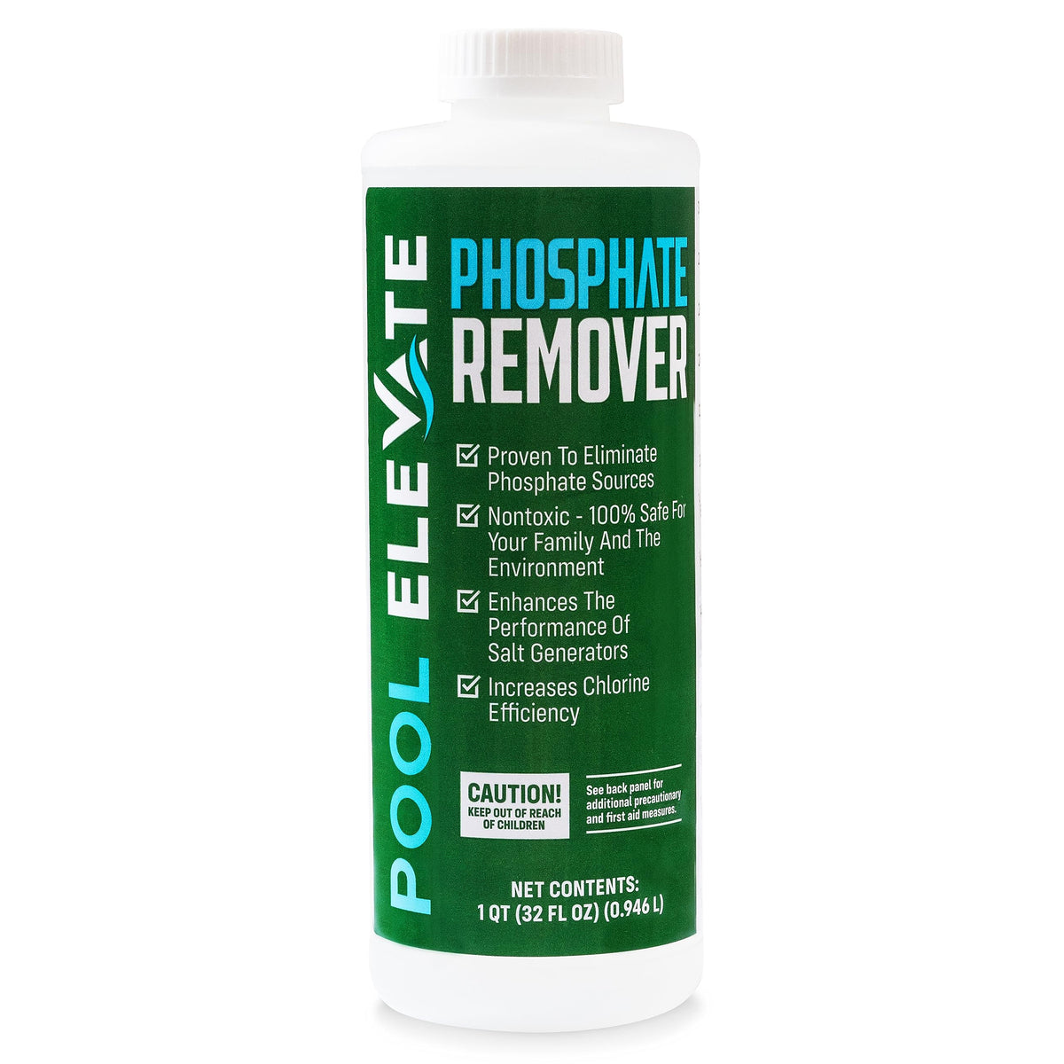 POOL ELEVATE phosphate remover bottle improves water clarity for all pool types.
