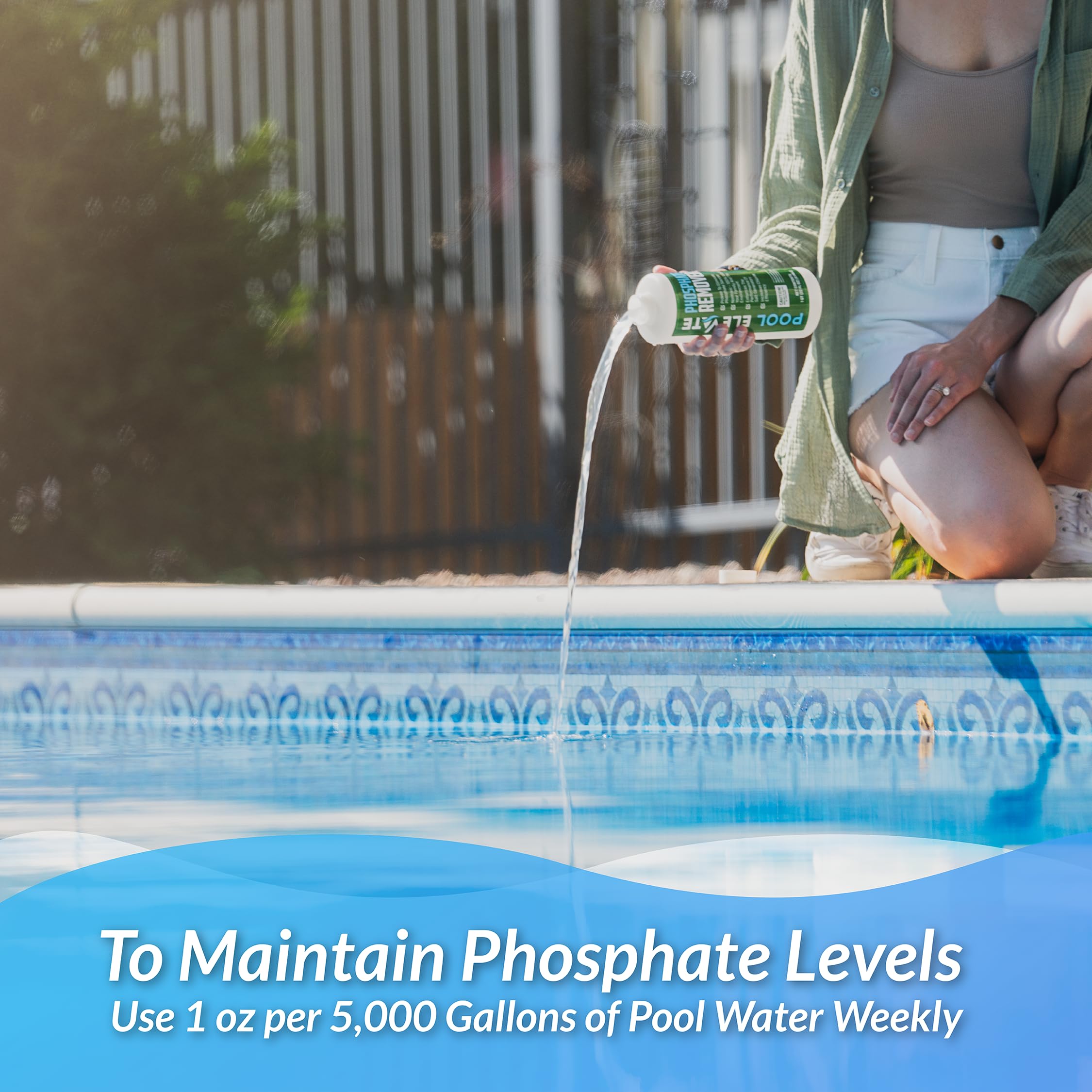 POOL ELEVATE phosphate remover label close-up highlights professional-grade formulation.