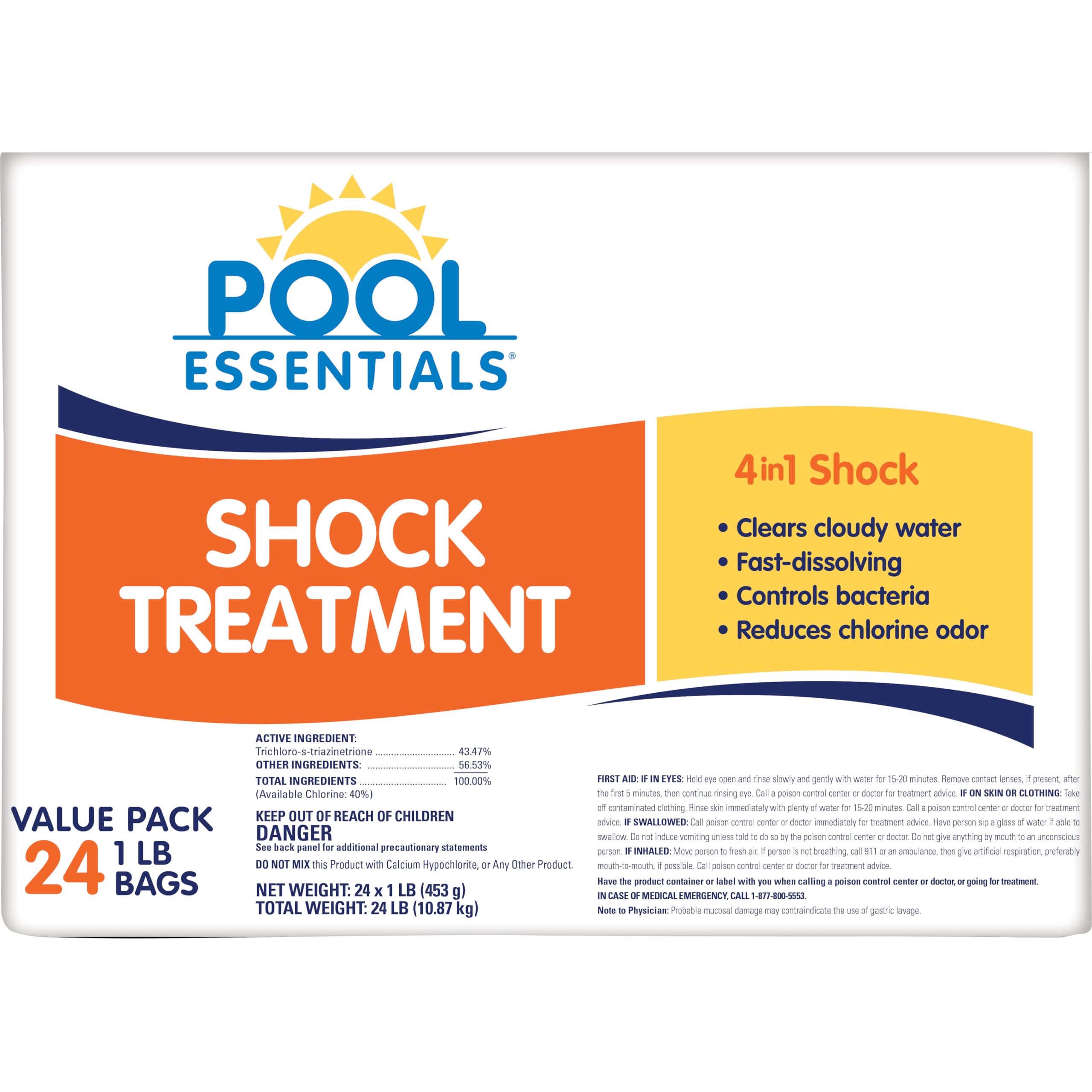 Pool Essentials Shock Treatment packaging for a 24-pack, ready to clear cloudy water