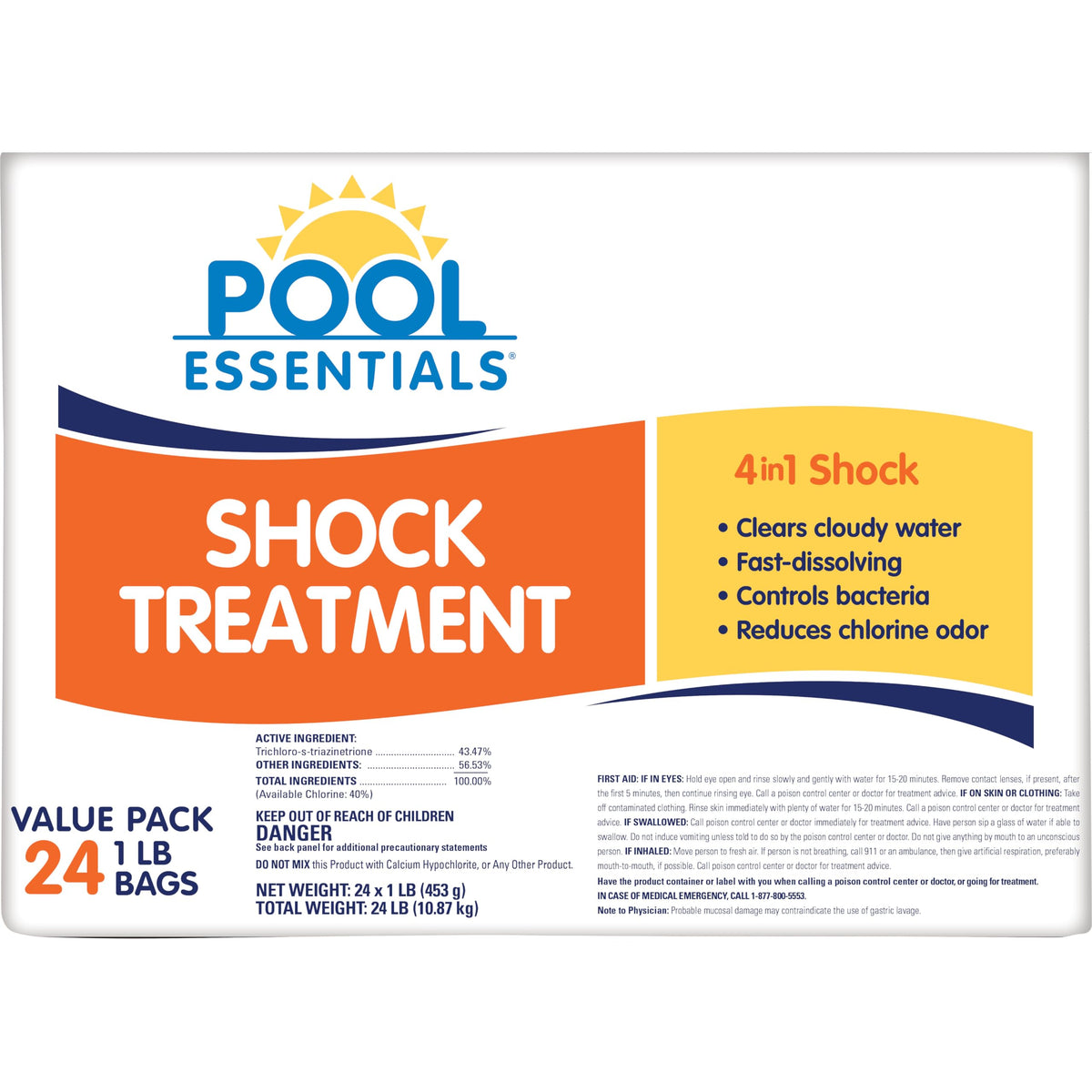 Pool Essentials Shock Treatment packaging for a 24-pack, ready to clear cloudy water