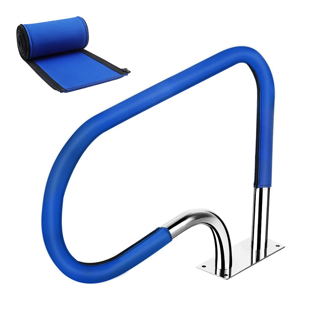 In-use view of blue 4 ft pool handrail cover on ladder
