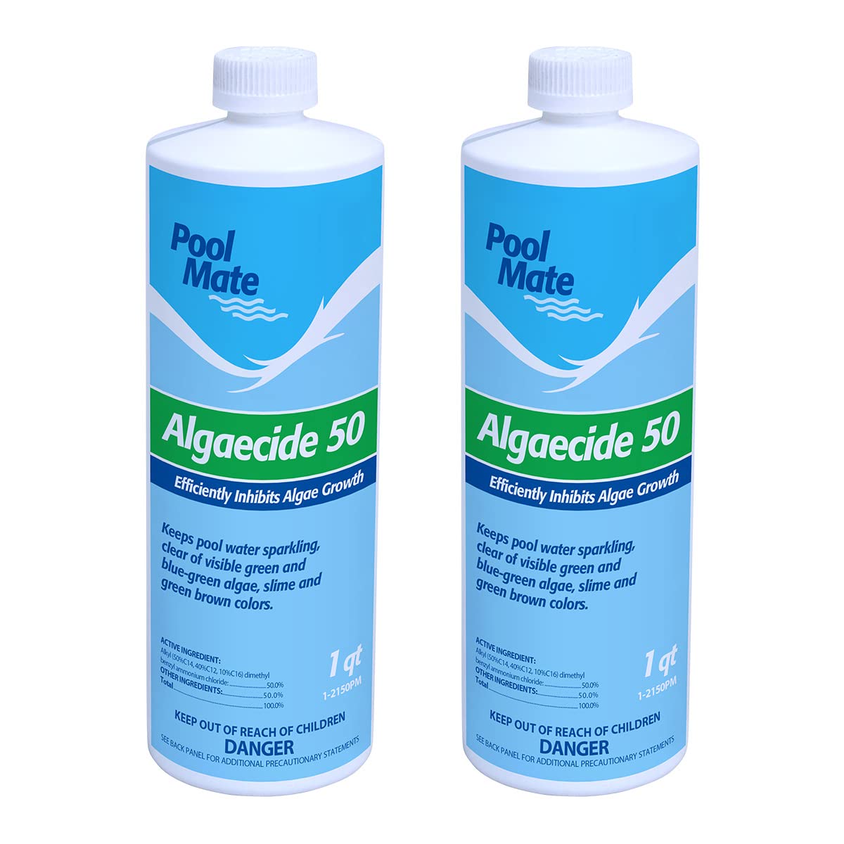 Pool Mate algaecide 1qt bottle being poured to prevent algae growth in outdoor pools