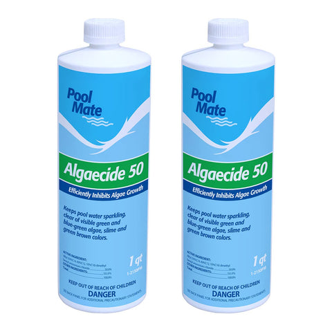Pool Mate algaecide 1qt bottle being poured to prevent algae growth in outdoor pools