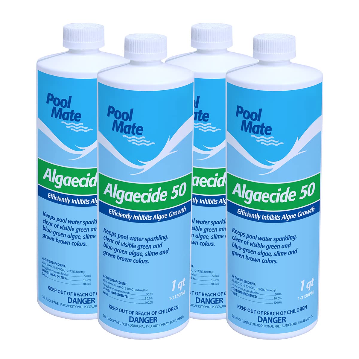 Pool Mate algaecide bottle front view for clear pool water