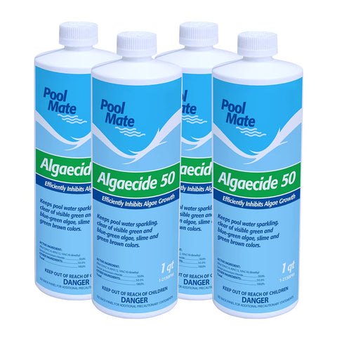 Pool Mate algaecide bottle front view for clear pool water