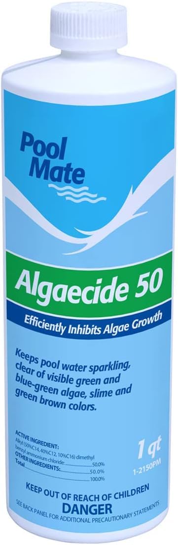 Pool Mate algaecide bottle being poured around the pool perimeter to prevent algae