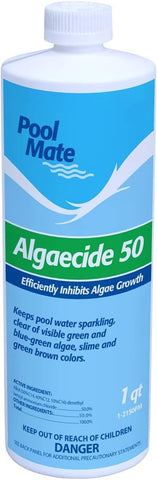 Pool Mate algaecide dosage measurement showing accurate 5.2 oz per 10,000 gallons