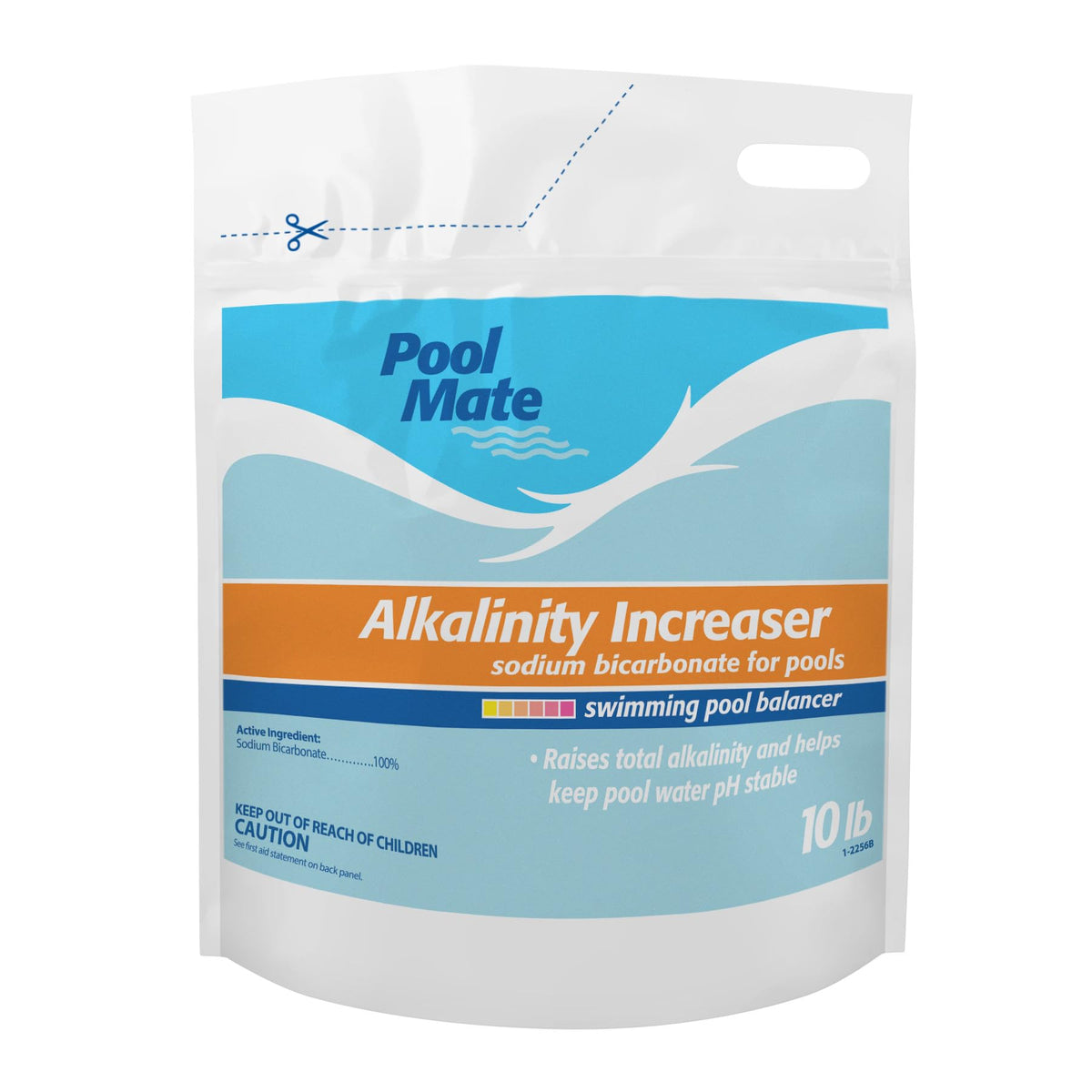 Pool Mate alkalinity increaser bottle front stabilizes alkalinity for consistent pool pH
