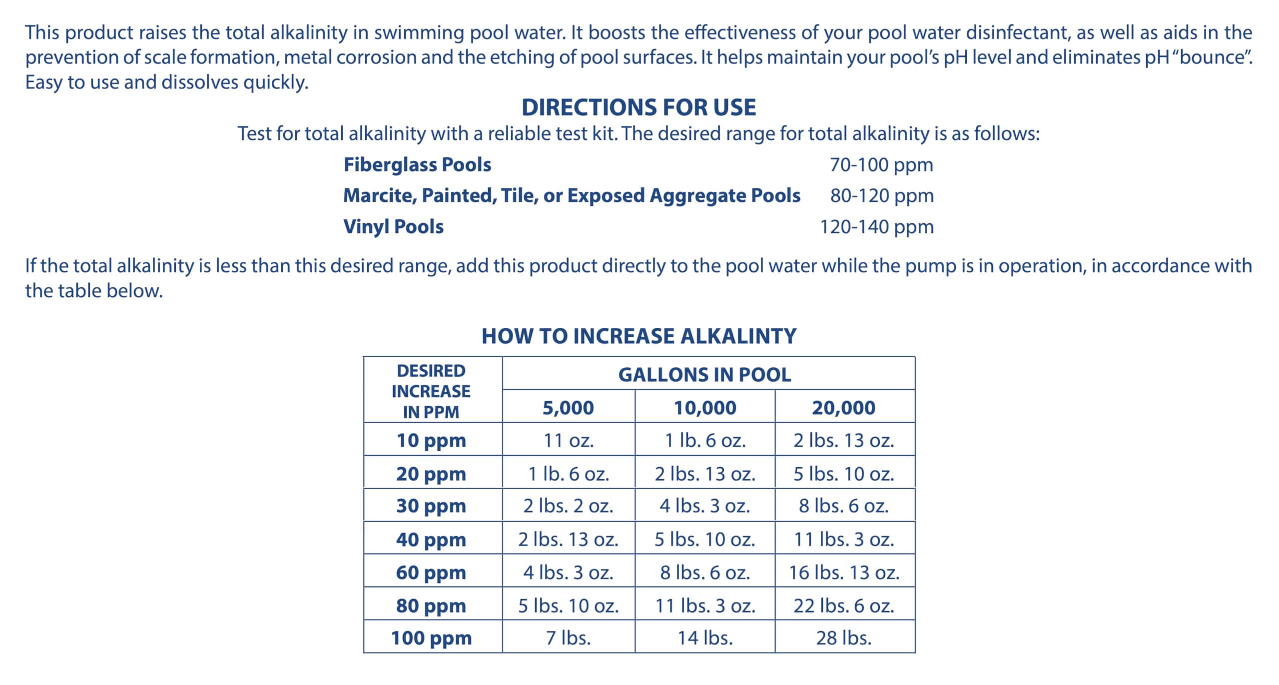 Pool Mate alkalinity increaser packaging label close-up highlighting dosage guidance