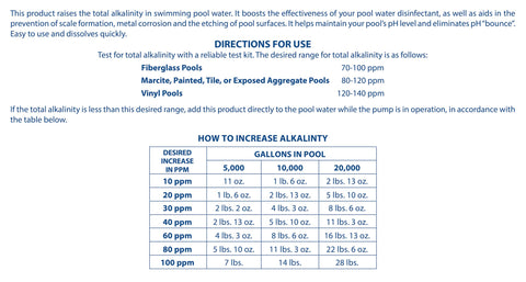Pool Mate alkalinity increaser packaging label close-up highlighting dosage guidance