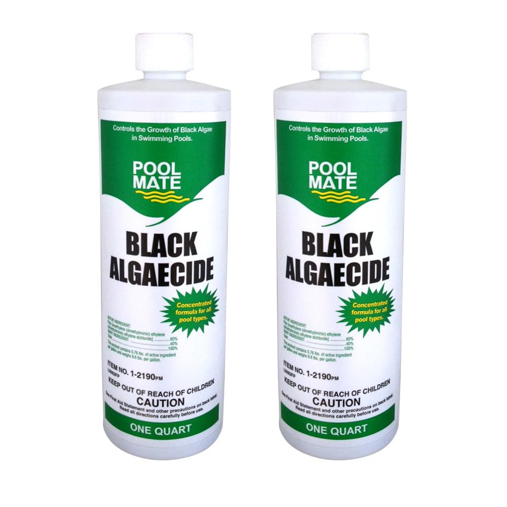 Pool Mate black algaecide bottle pour for fast algae control in pools.