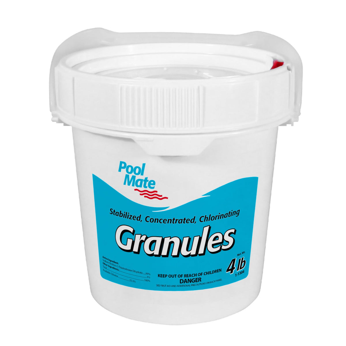 Pool Mate chlorine granules in a 4lb bottle for even pool sanitizing.