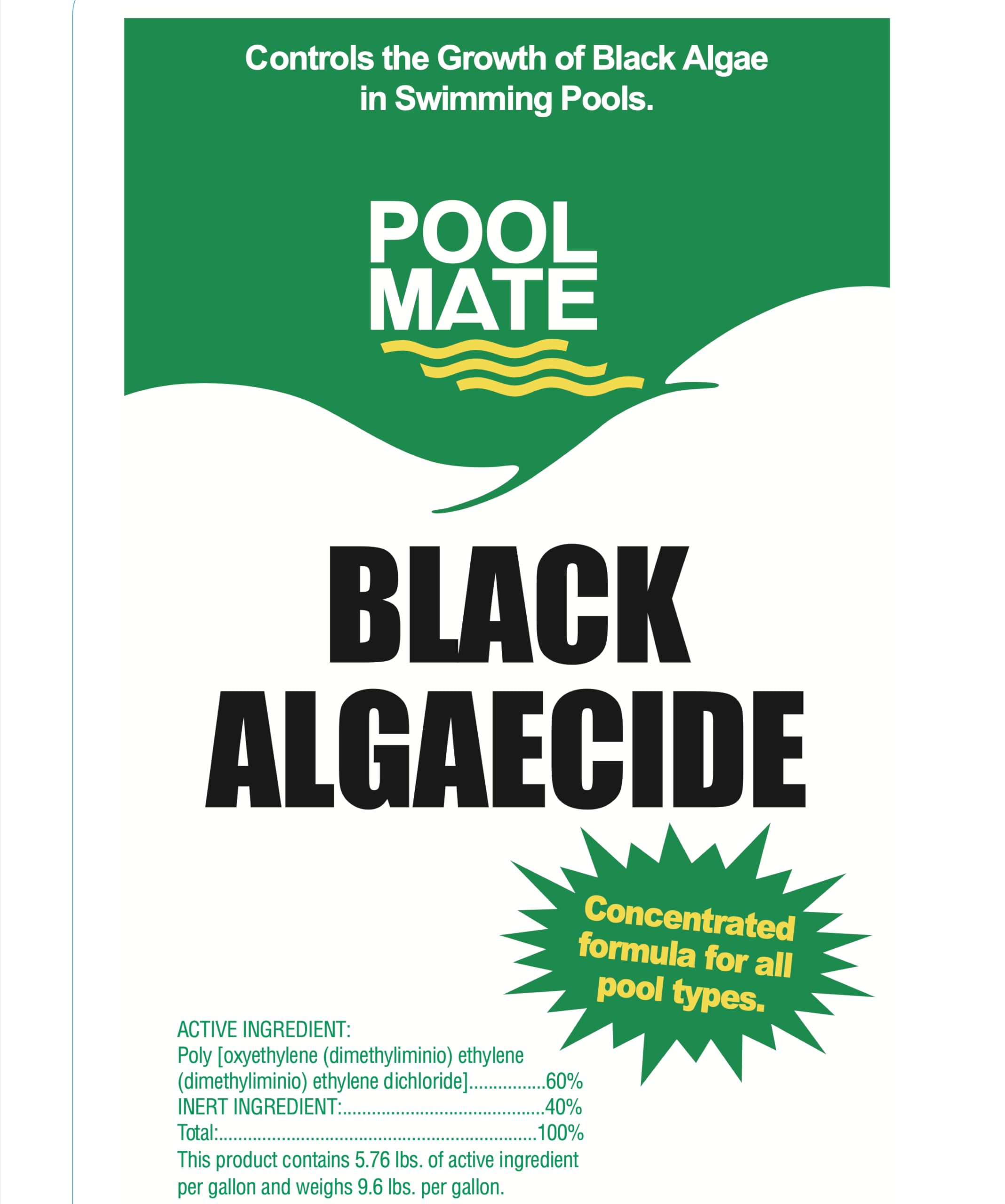 Pool Mate concentrated formula label highlights all pool type compatibility.