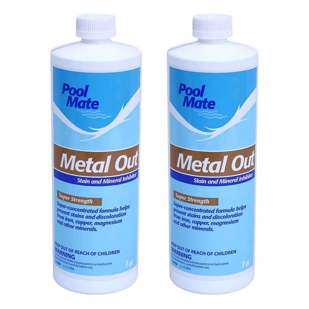 Pool Mate Metal Free bottle being poured to prevent staining in pool water