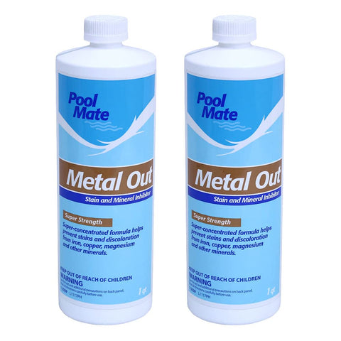 Pool Mate Metal Free bottle being poured to prevent staining in pool water