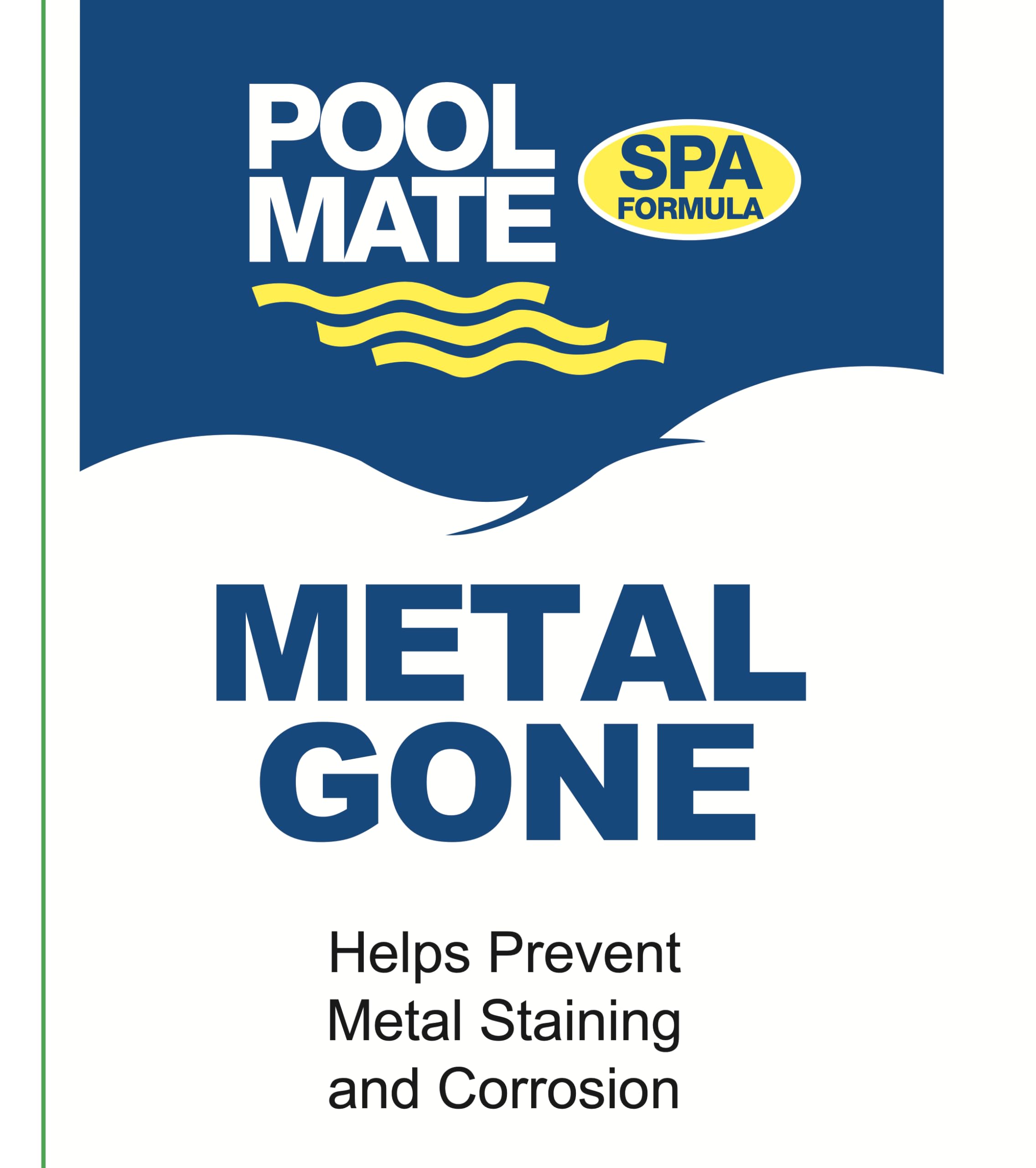 Pool Mate Metal Gone 1-pint bottle closeup showing easy-to-use packaging.