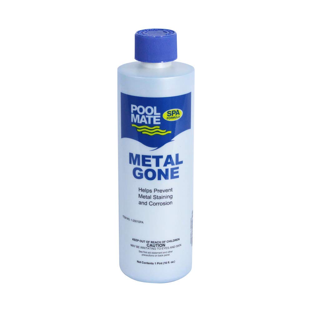 Pool Mate Metal Gone waterline application helps prevent staining during spa fills.