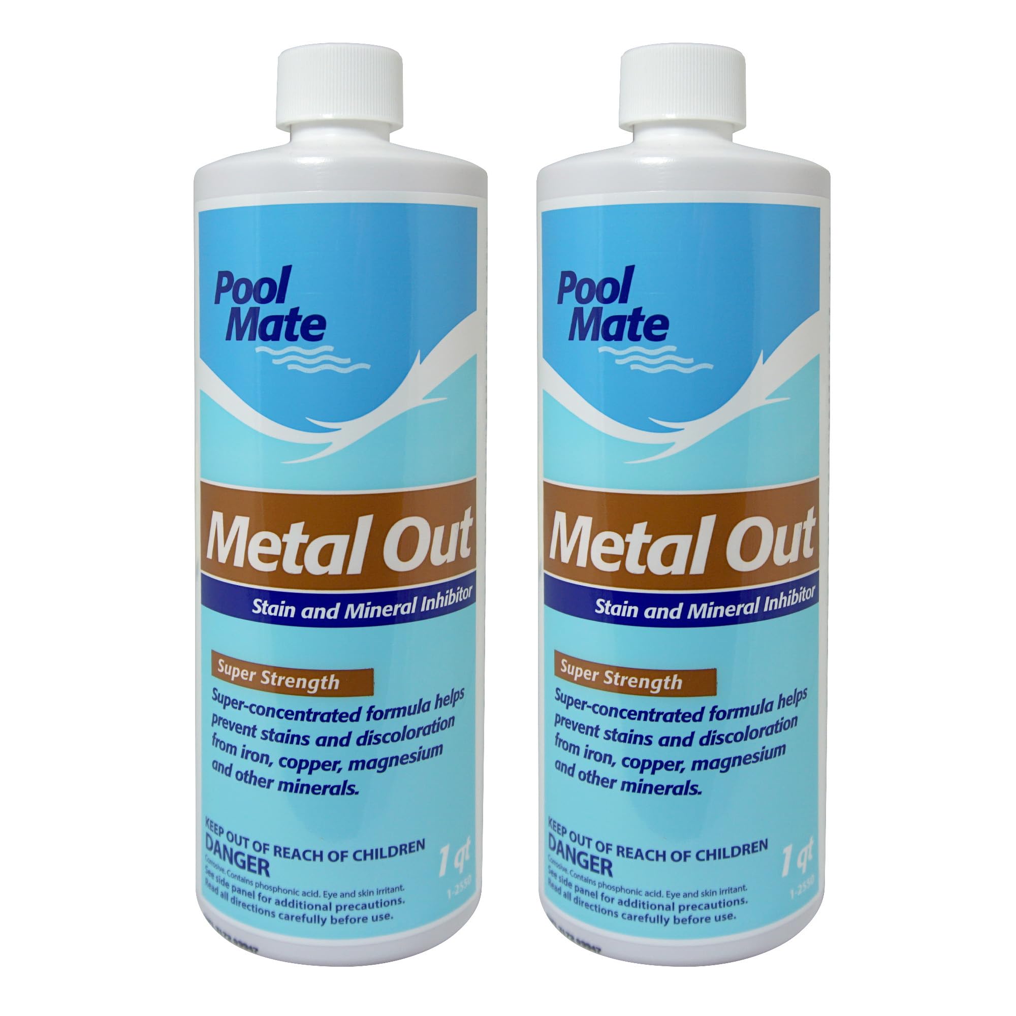 Pool Mate Metal Out bottle front view helps prevent mineral staining in pool water