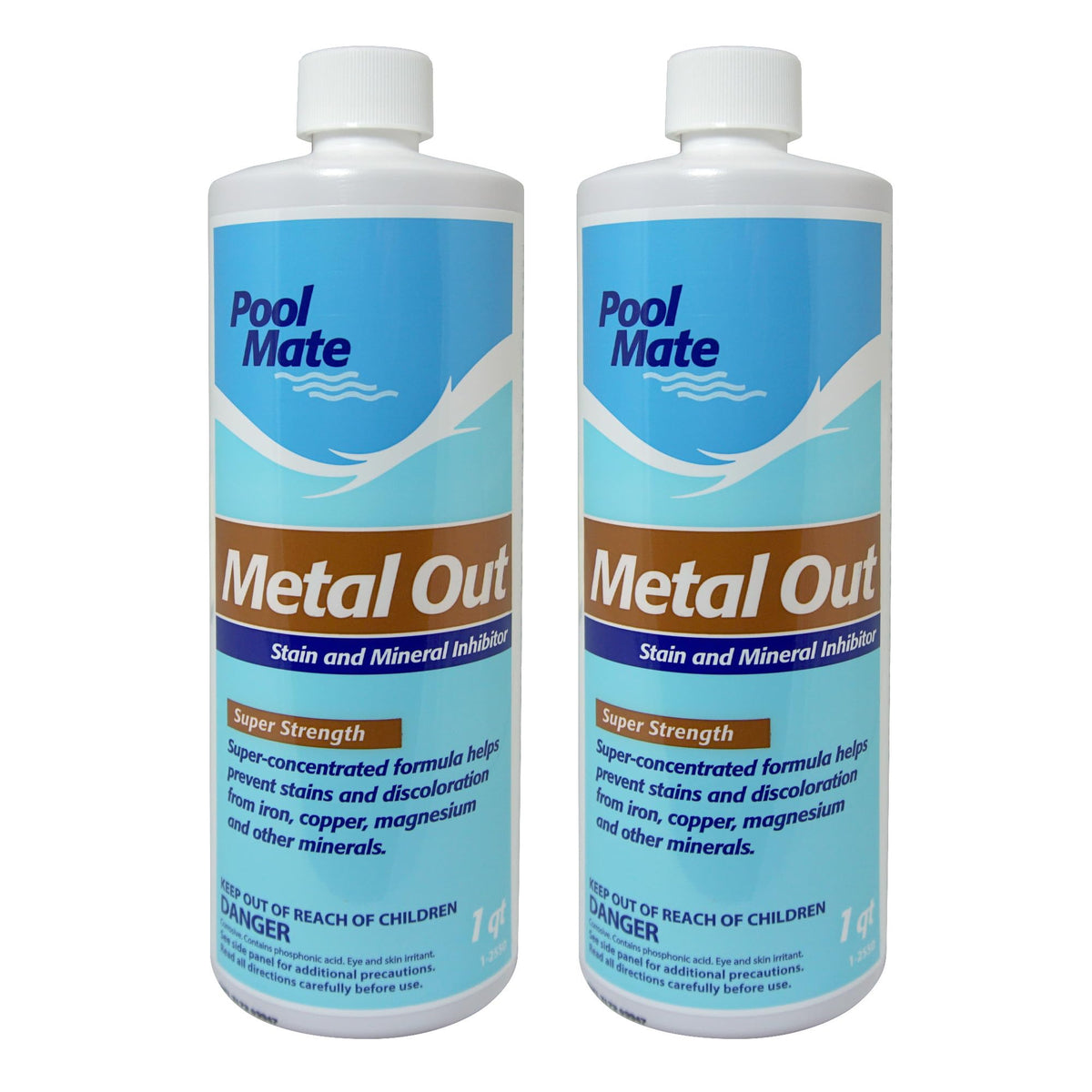 Pool Mate Metal Out bottle front view helps prevent mineral staining in pool water