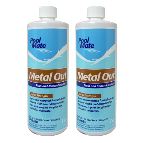 Pool Mate Metal Out bottle front view helps prevent mineral staining in pool water