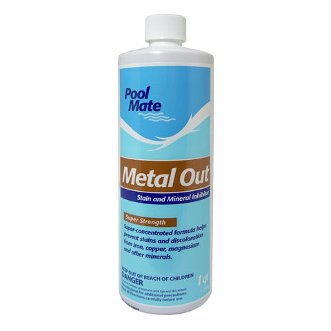 Pool Mate Metal Out bottle front, easy dosing to prevent metal staining in your pool.