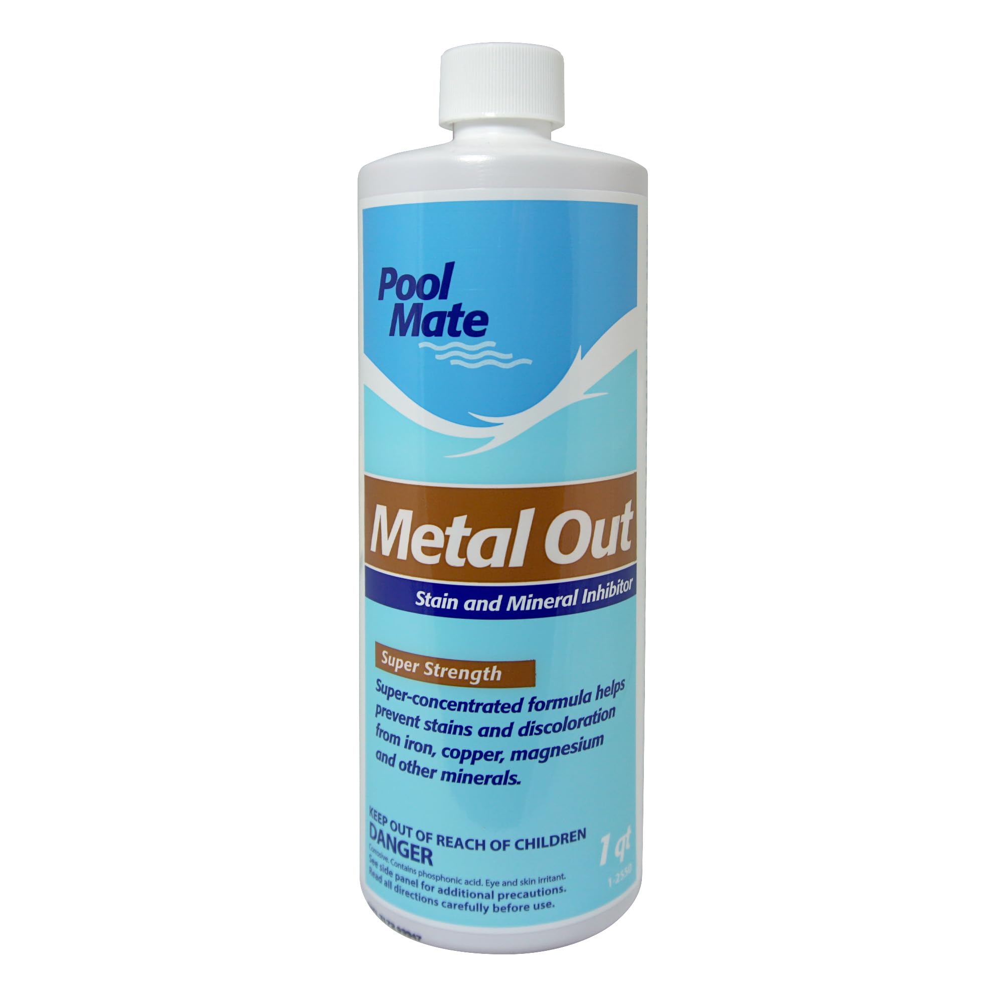 Pool Mate Metal Out bottle pour illustrates dosing for 10,000 gallons