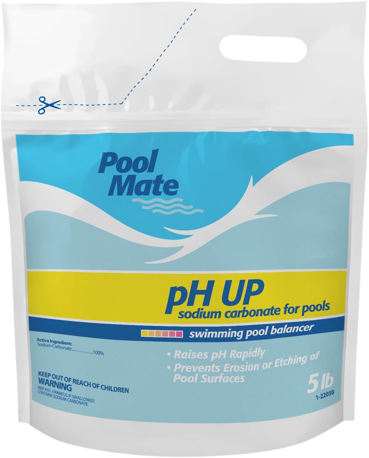 Pool Mate pH Up bag, 5-pound pouch for rapid pH adjustment.