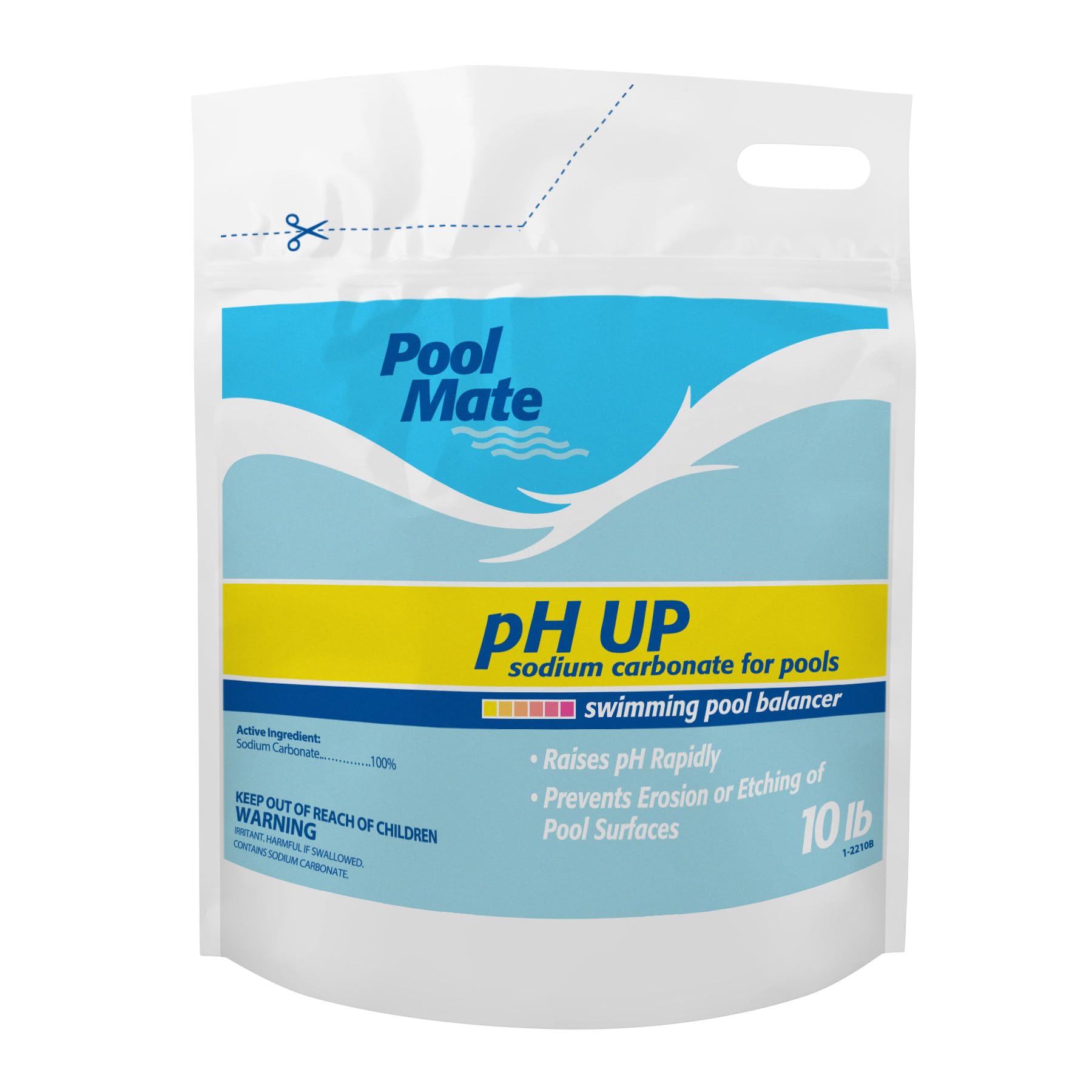 Pool Mate pH Up bottle close-up for quick pool pH adjustment.