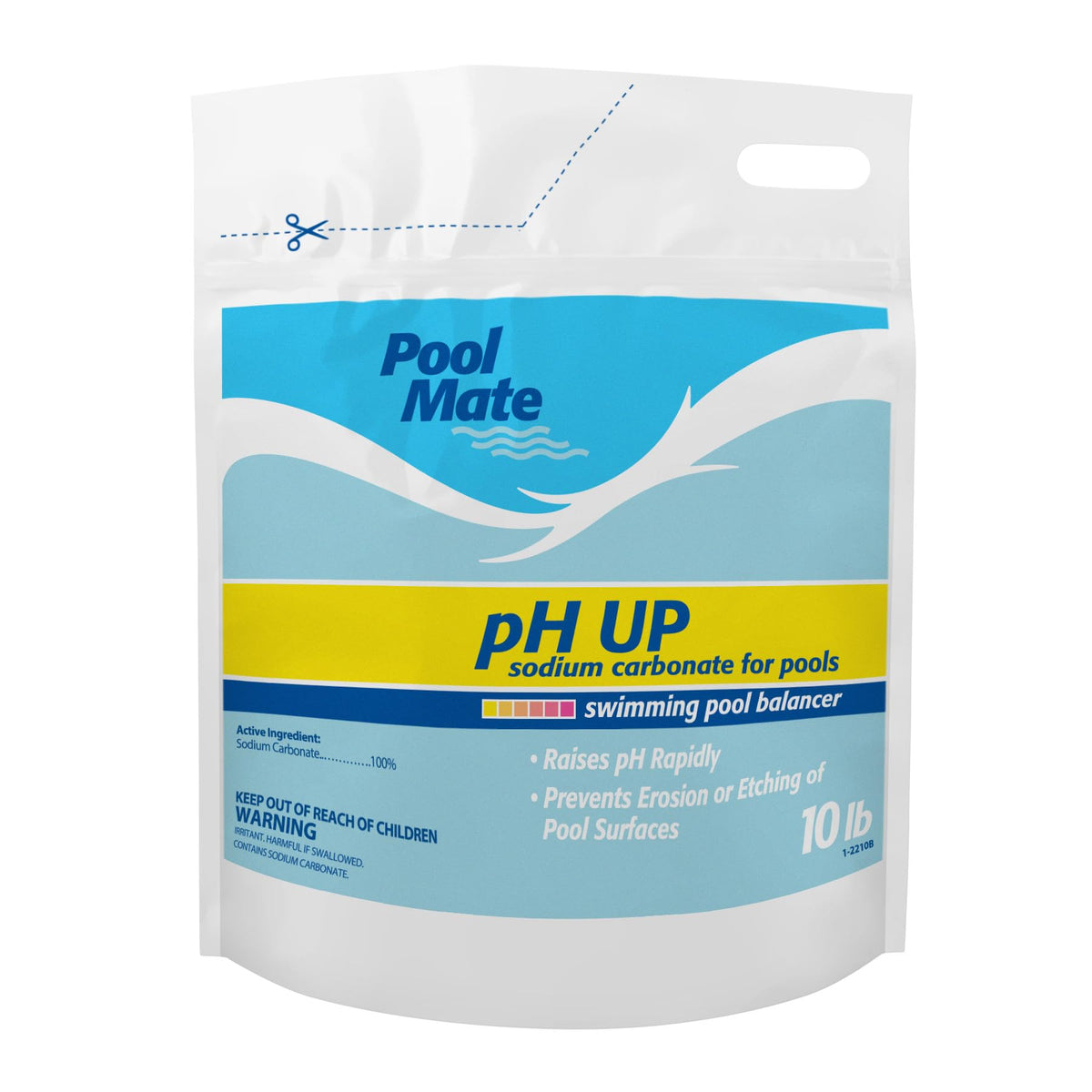 Pool Mate pH Up bottle close-up for quick pool pH adjustment.