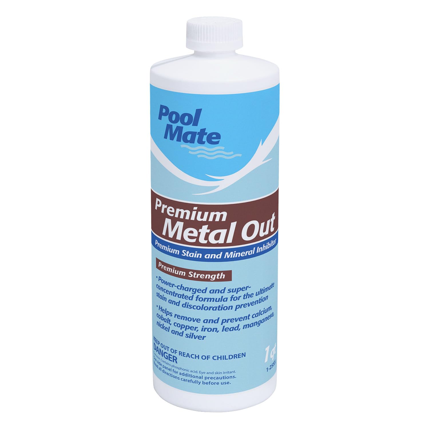 Pool Mate premium metal out stain remover bottle shown for water clarity