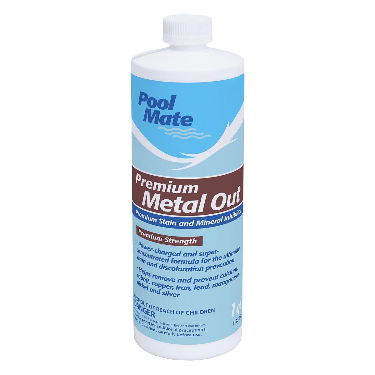 Pool Mate premium metal out stain remover bottle shown for water clarity