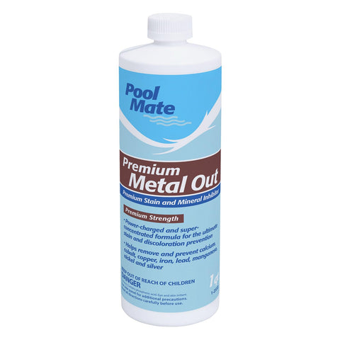 Pool Mate premium metal out stain remover bottle shown for water clarity