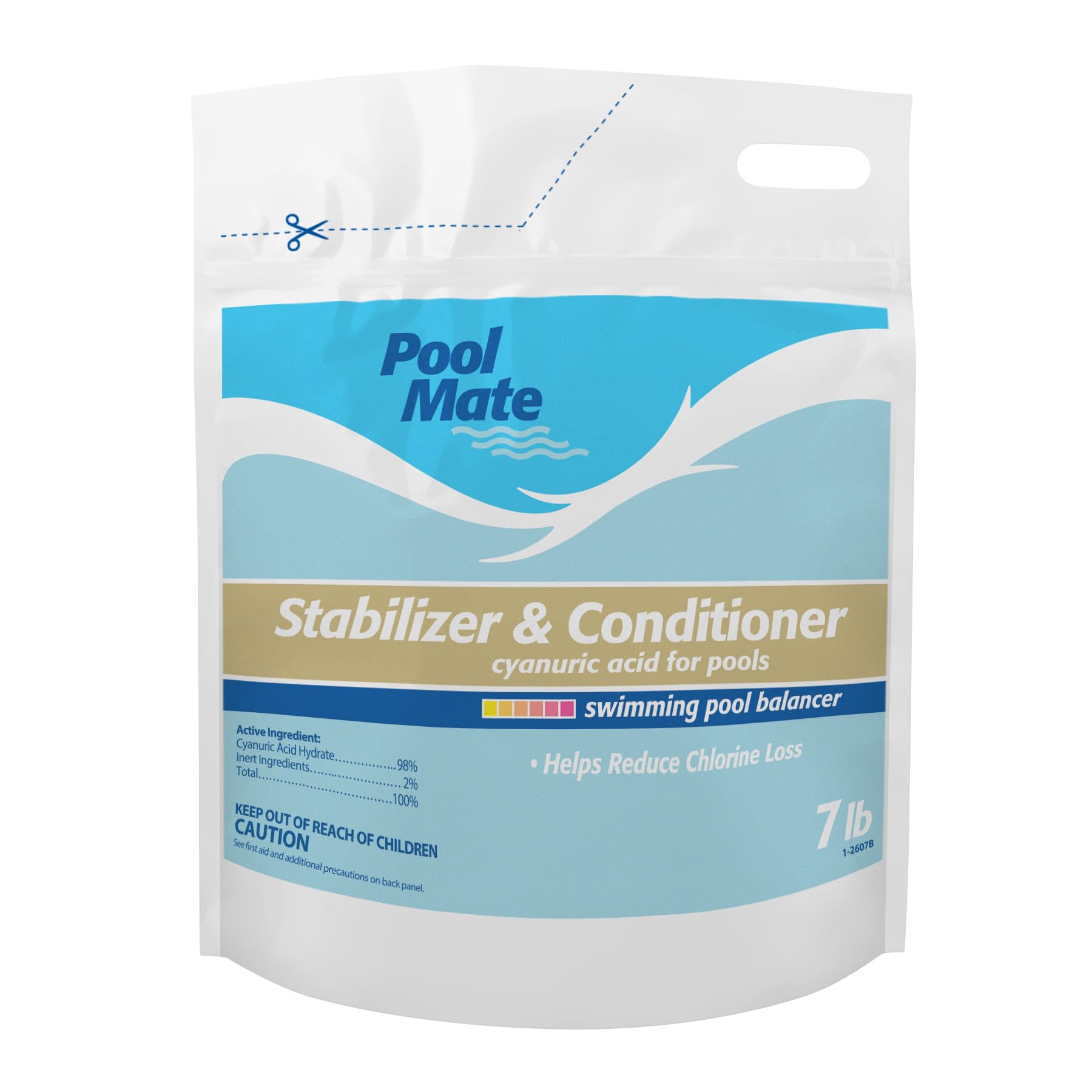 Pool Mate stabilizer bottle label highlighting chlorine protection for pools.