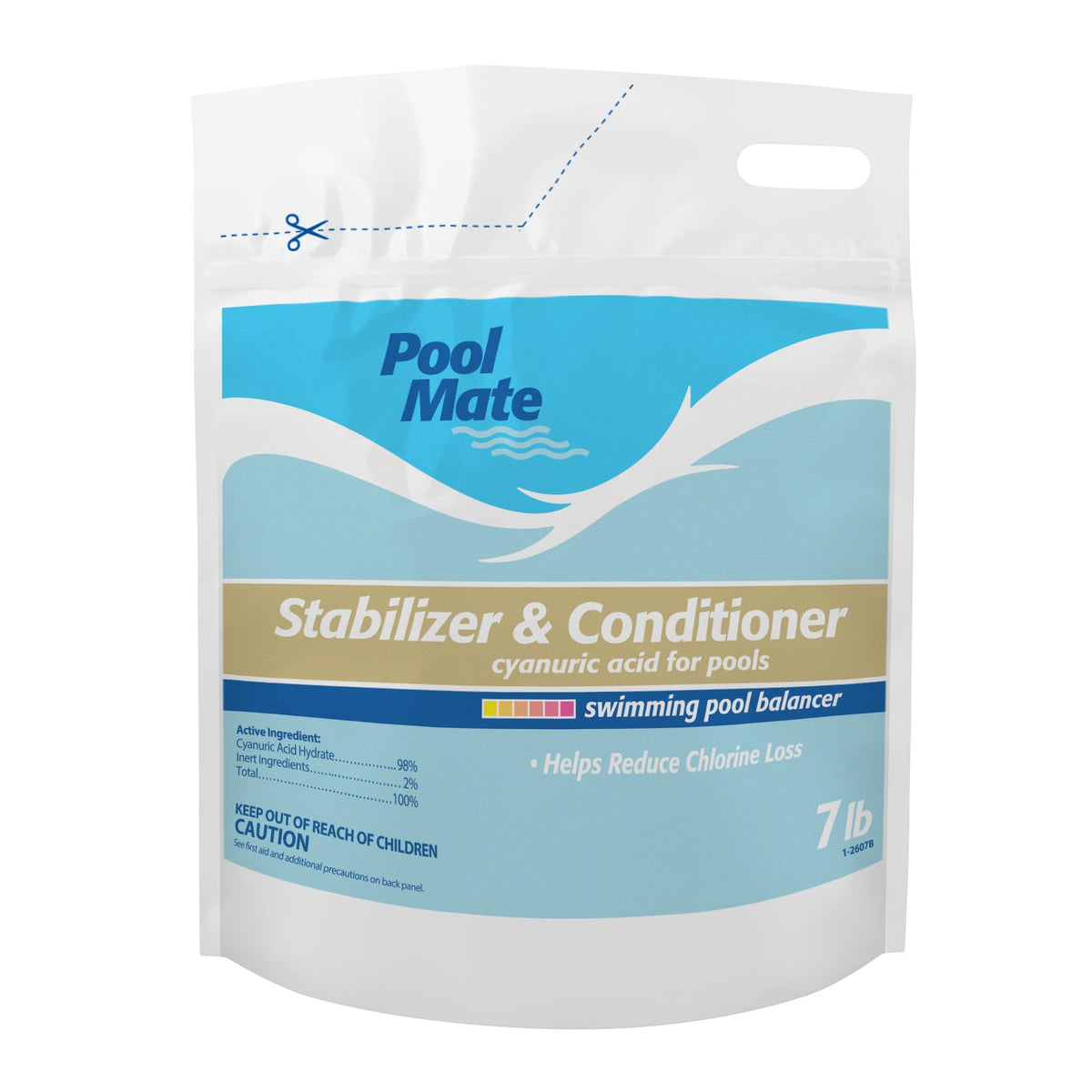 Pool Mate stabilizer bottle label highlighting chlorine protection for pools.