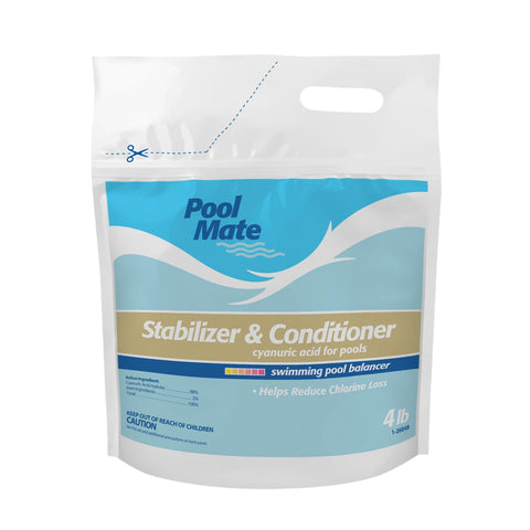 Pool Mate stabilizer bottle ready for dosing to protect chlorine