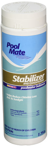 Pool Mate stabilizer bottle for outdoor pool protection against sun