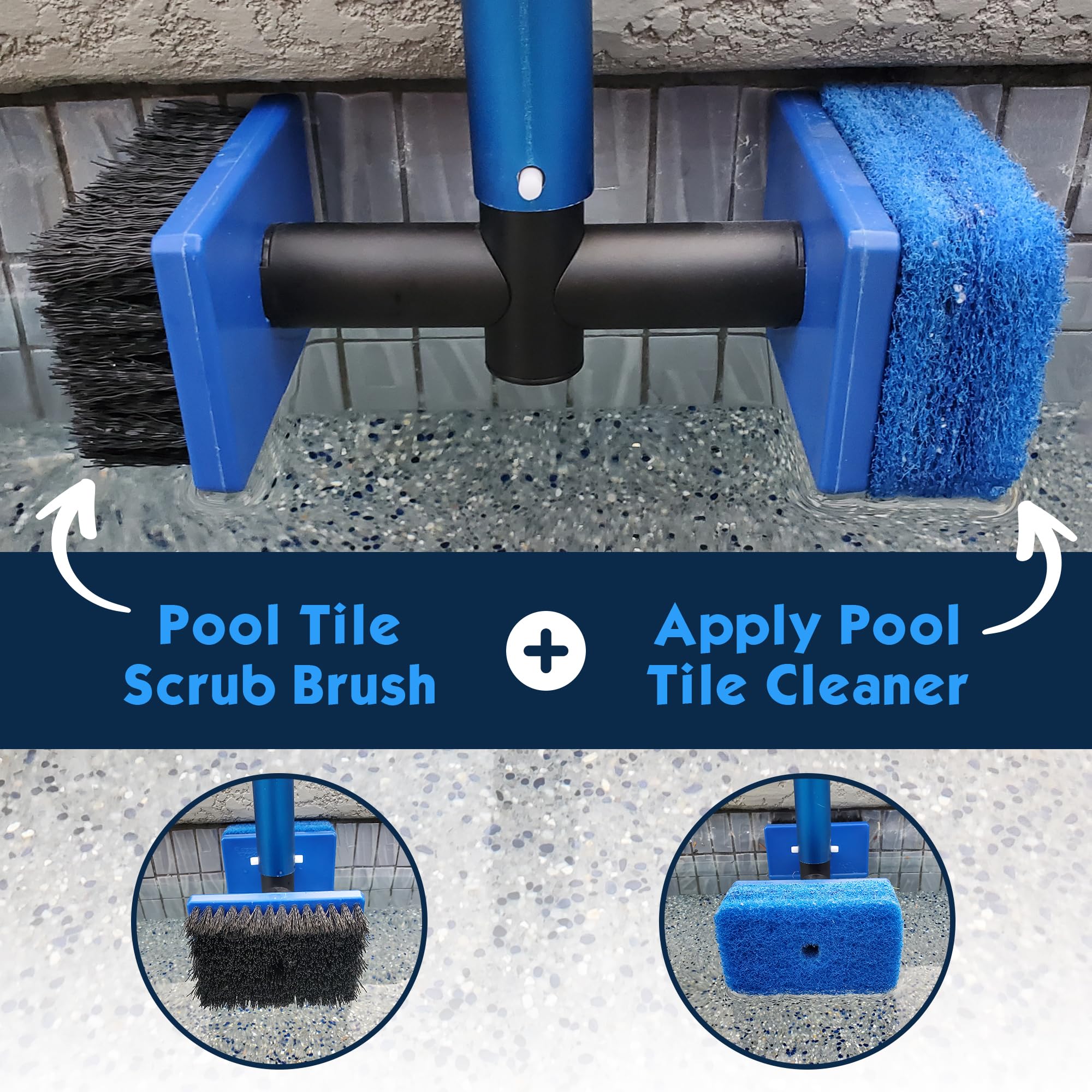 Pool Patch angled reach extension helping scrub waterline tile from deck