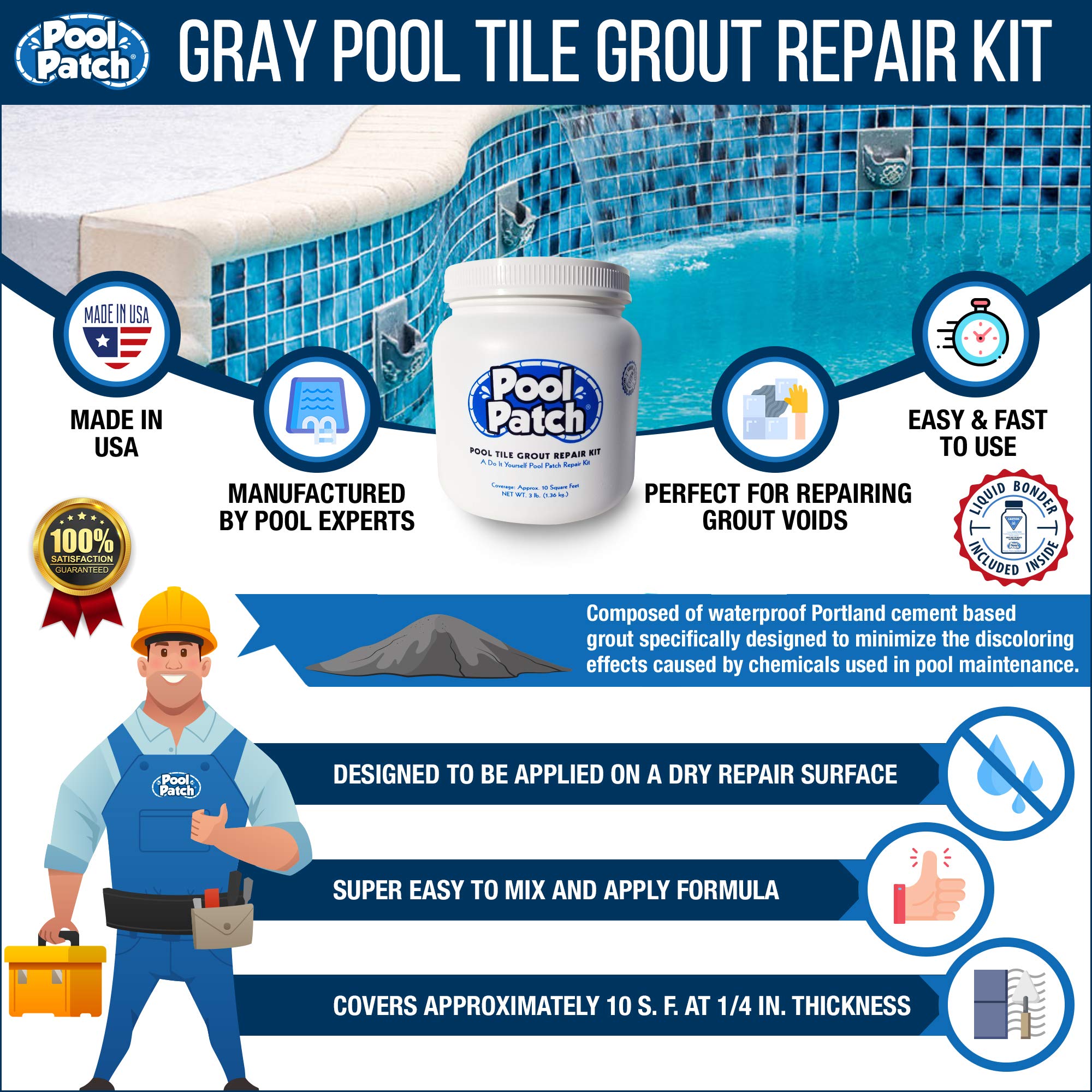 Pool Patch Gray liquid cement bonder enhances strong grout bonds.