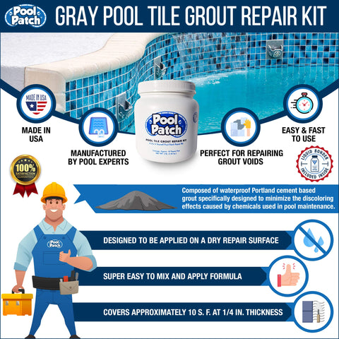 Pool Patch Gray liquid cement bonder enhances strong grout bonds.