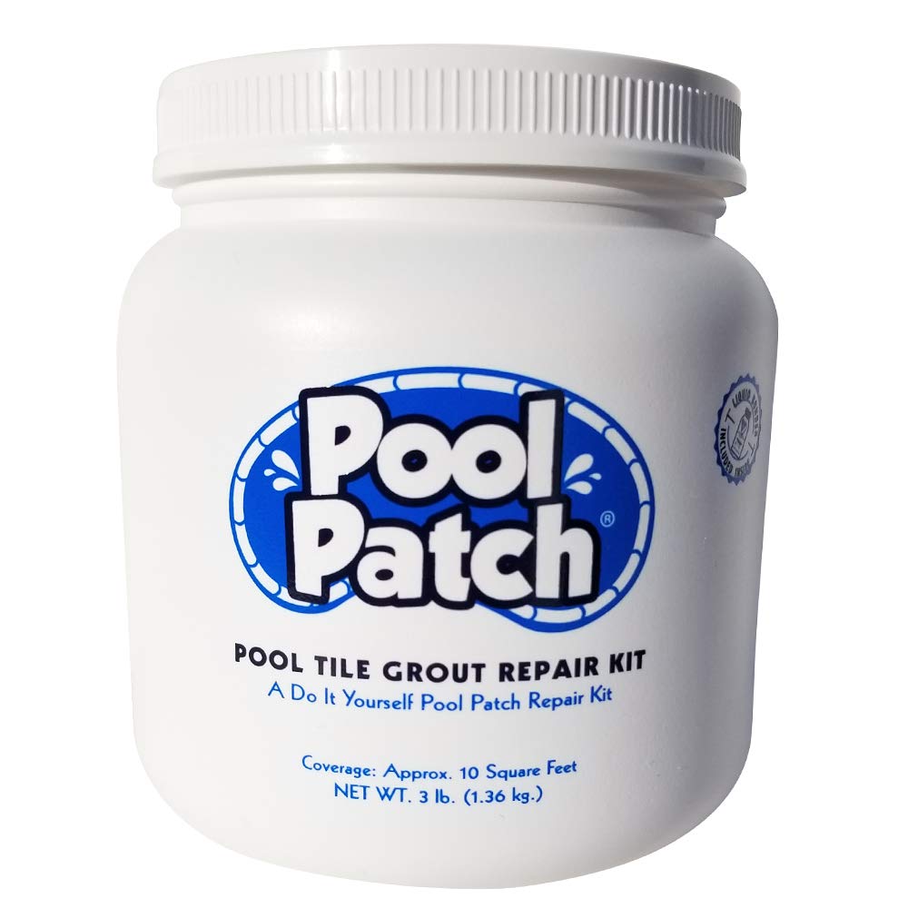 Pool Patch Gray tile grout repair kit in action for quick DIY pool tile fixes.