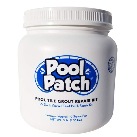 Pool Patch Gray tile grout repair kit in action for quick DIY pool tile fixes.
