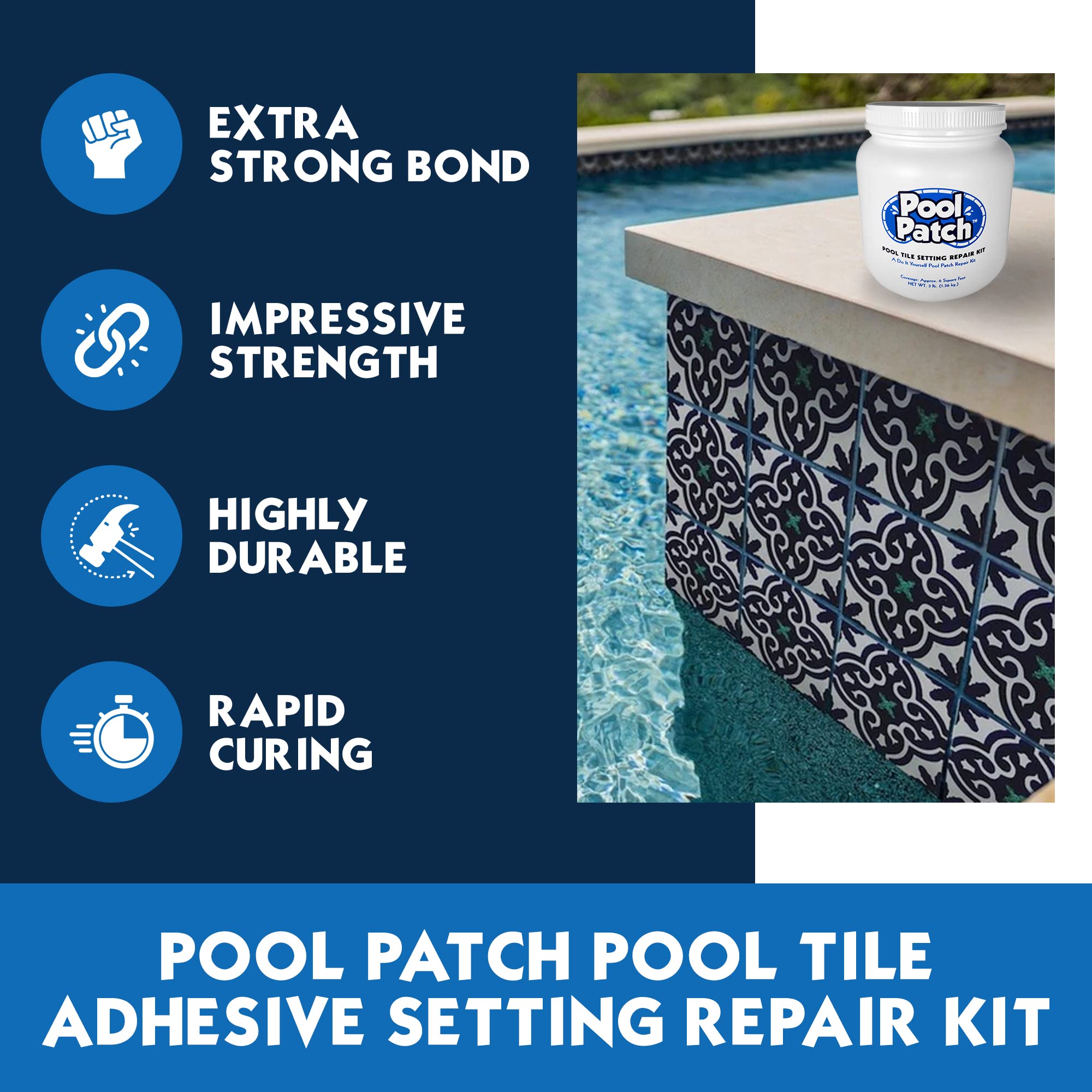 Pool Patch 3lb tub demonstrates easy mixing for DIY pool tile repairs.