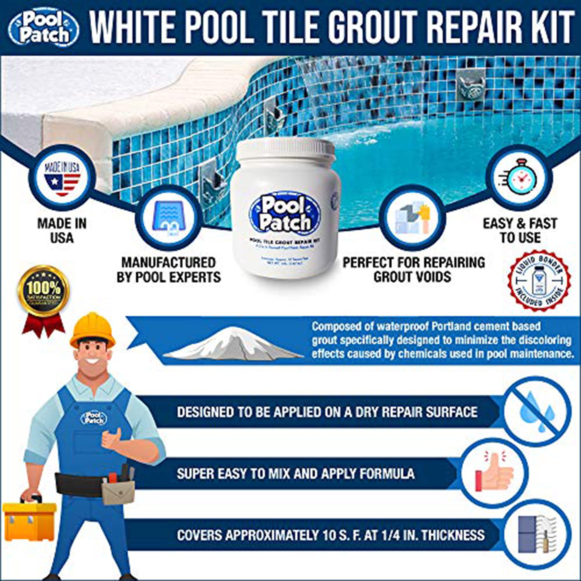 Pool Patch easy mixing and application aids DIY pool grout repair.